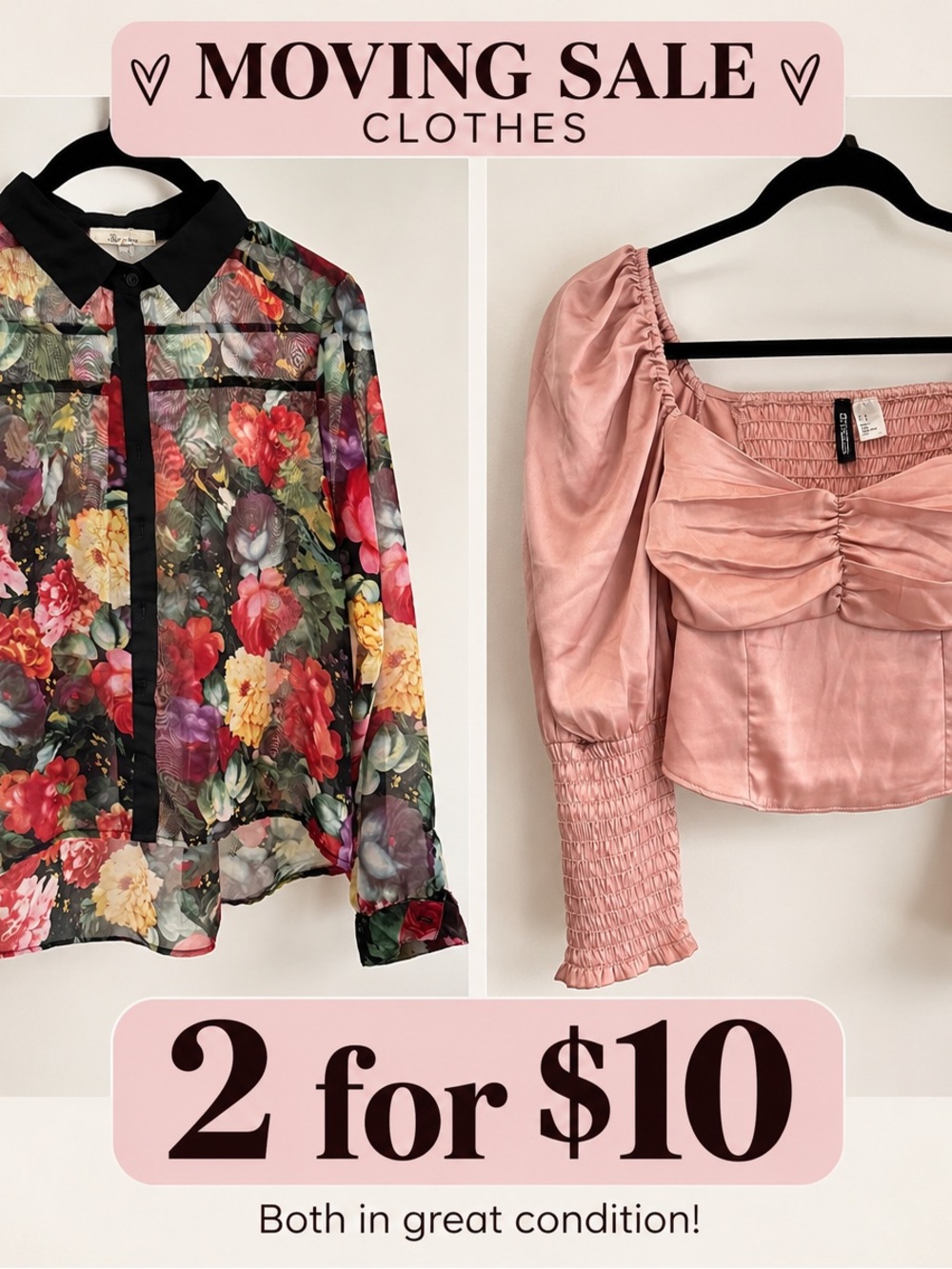 H&M Pink Satin Puff-Sleeve Cropped Button-Down & Floral Sheer Blouse Set
